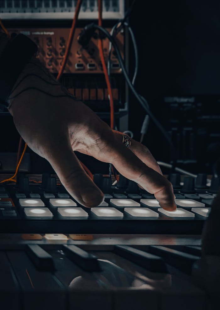 A musician's hand operating a synthesizer pad with glowing buttons in a dark studio.