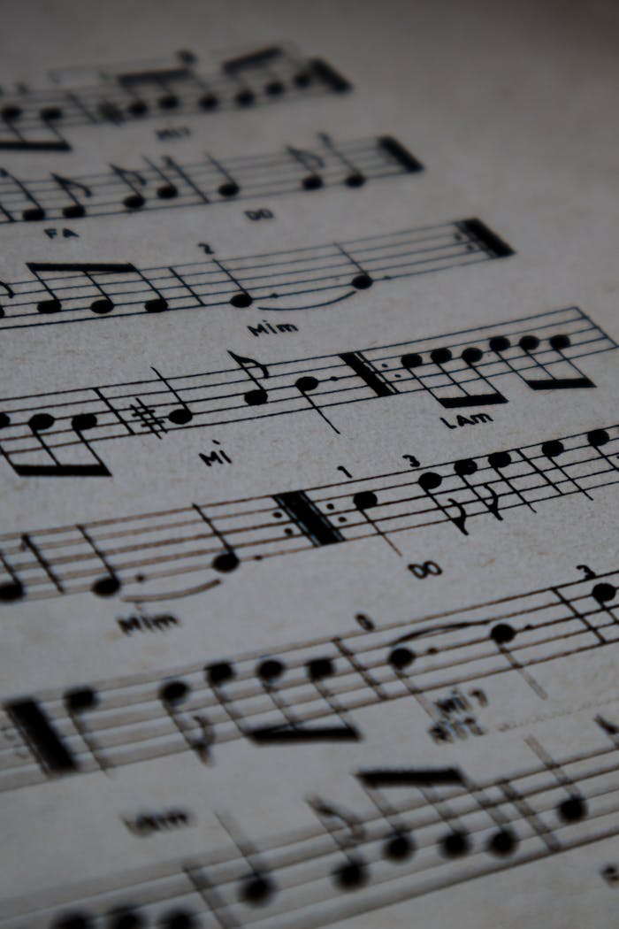 Detailed view of sheet music focusing on musical notes and symbols.