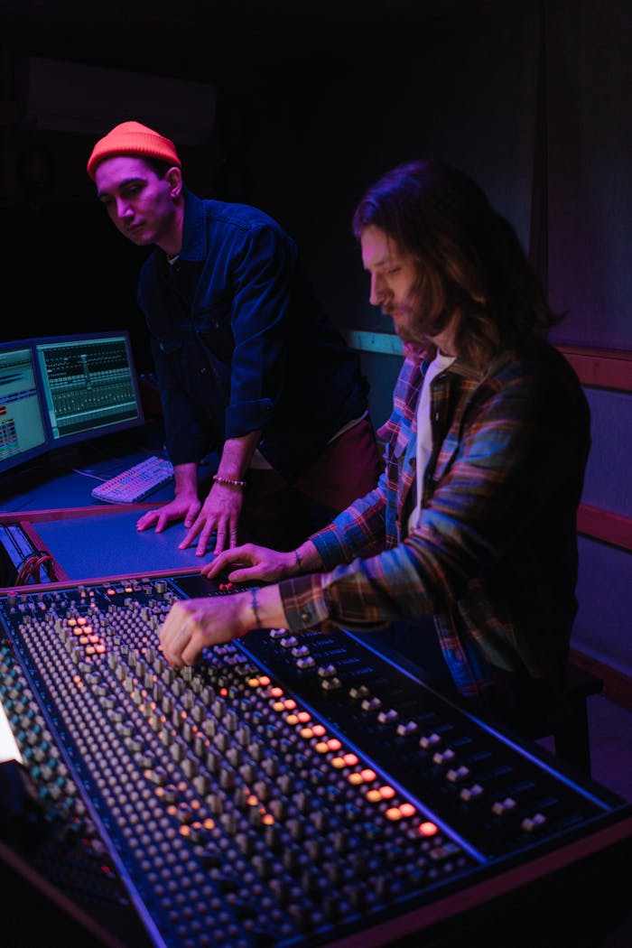 Two audio engineers working on a mixing console in a music studio.